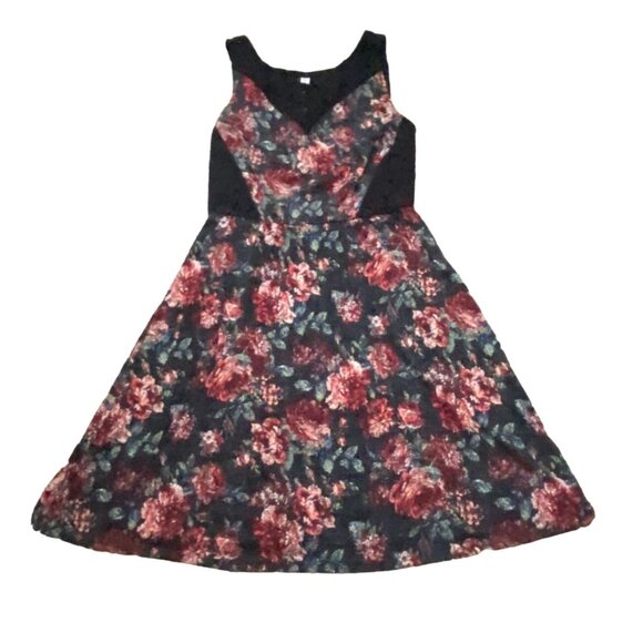 Xhilaration Floral A-Line Mini Dress W/ Lace Detail-Black/Red-Size M-GUC - Picture 1 of 6